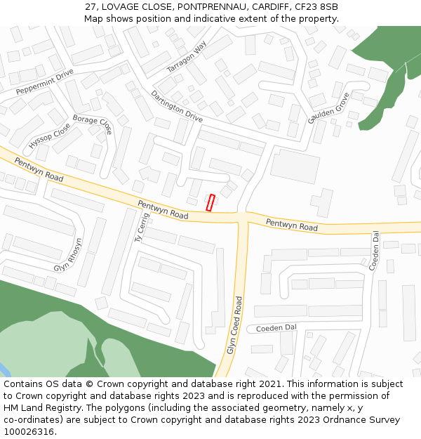 27, LOVAGE CLOSE, PONTPRENNAU, CARDIFF, CF23 8SB: Location map and indicative extent of plot
