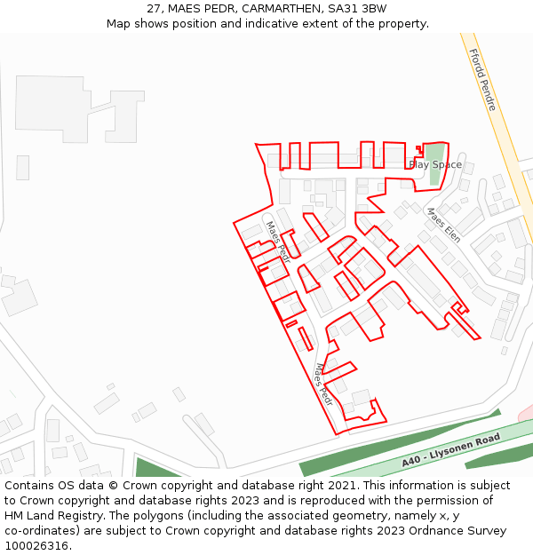 27, MAES PEDR, CARMARTHEN, SA31 3BW: Location map and indicative extent of plot