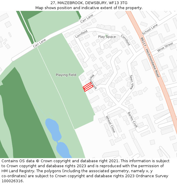 27, MAIZEBROOK, DEWSBURY, WF13 3TG: Location map and indicative extent of plot
