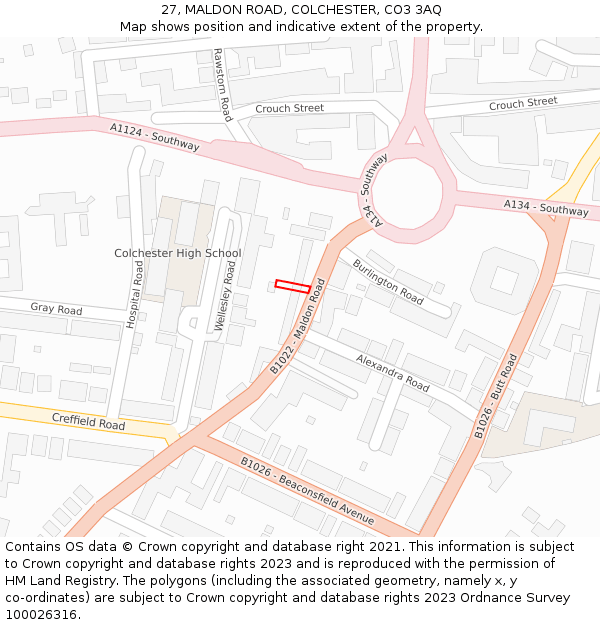 27, MALDON ROAD, COLCHESTER, CO3 3AQ: Location map and indicative extent of plot