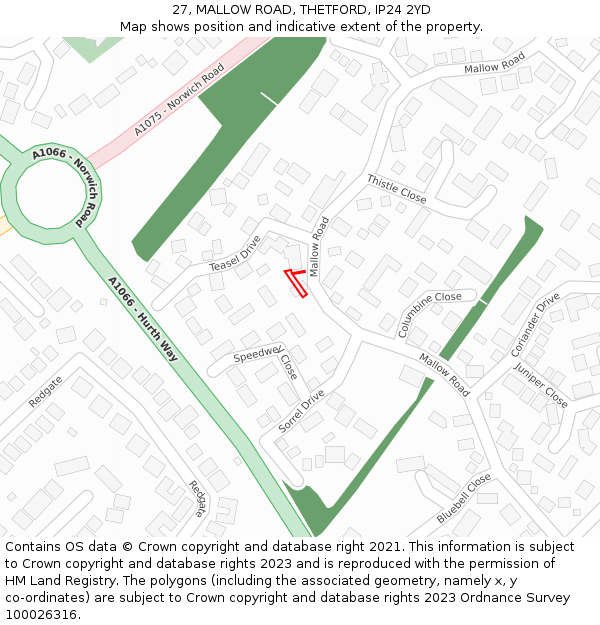 27, MALLOW ROAD, THETFORD, IP24 2YD: Location map and indicative extent of plot