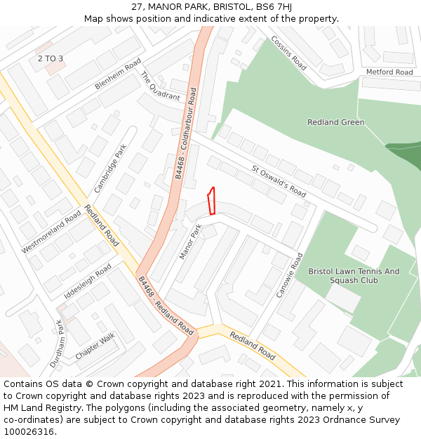 27, MANOR PARK, BRISTOL, BS6 7HJ: Location map and indicative extent of plot