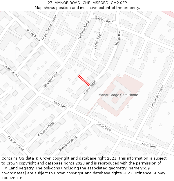 27, MANOR ROAD, CHELMSFORD, CM2 0EP: Location map and indicative extent of plot