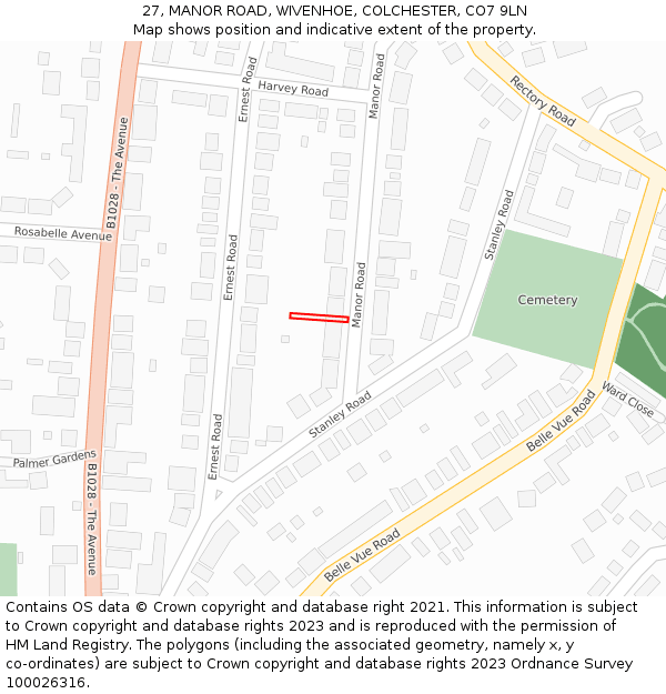 27, MANOR ROAD, WIVENHOE, COLCHESTER, CO7 9LN: Location map and indicative extent of plot