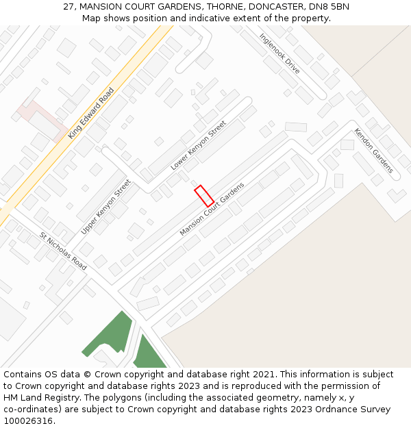 27, MANSION COURT GARDENS, THORNE, DONCASTER, DN8 5BN: Location map and indicative extent of plot