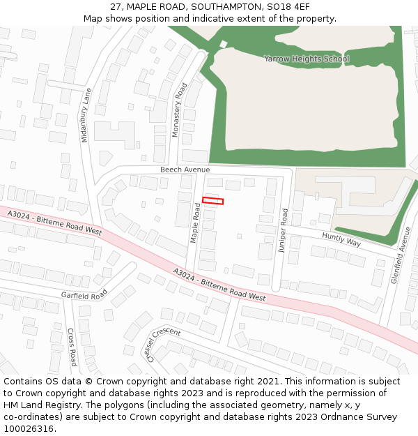 27, MAPLE ROAD, SOUTHAMPTON, SO18 4EF: Location map and indicative extent of plot