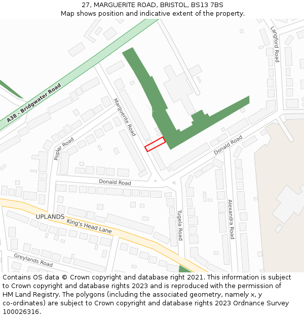 27, MARGUERITE ROAD, BRISTOL, BS13 7BS: Location map and indicative extent of plot