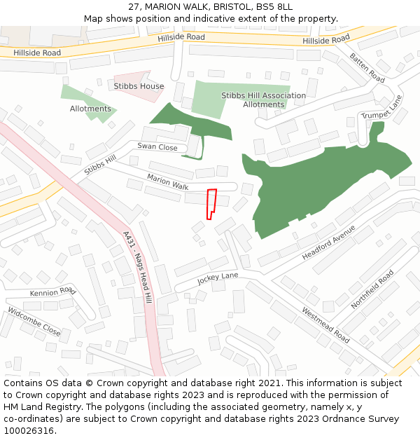 27, MARION WALK, BRISTOL, BS5 8LL: Location map and indicative extent of plot