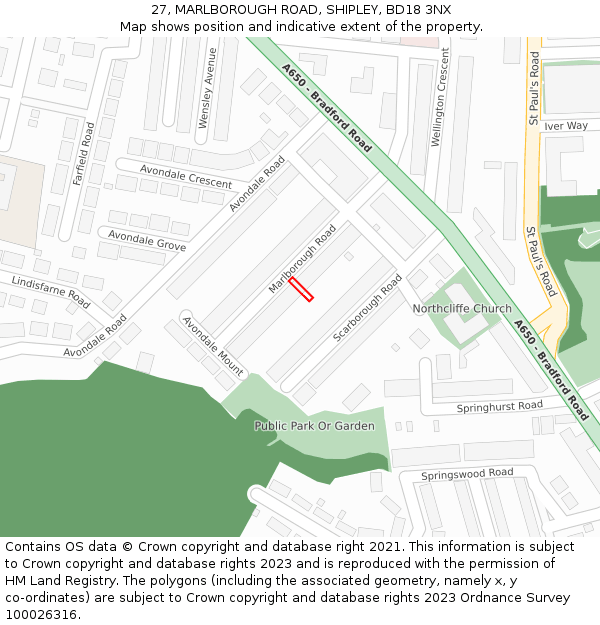 27, MARLBOROUGH ROAD, SHIPLEY, BD18 3NX: Location map and indicative extent of plot