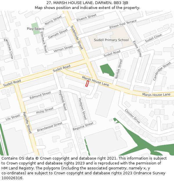 27, MARSH HOUSE LANE, DARWEN, BB3 3JB: Location map and indicative extent of plot