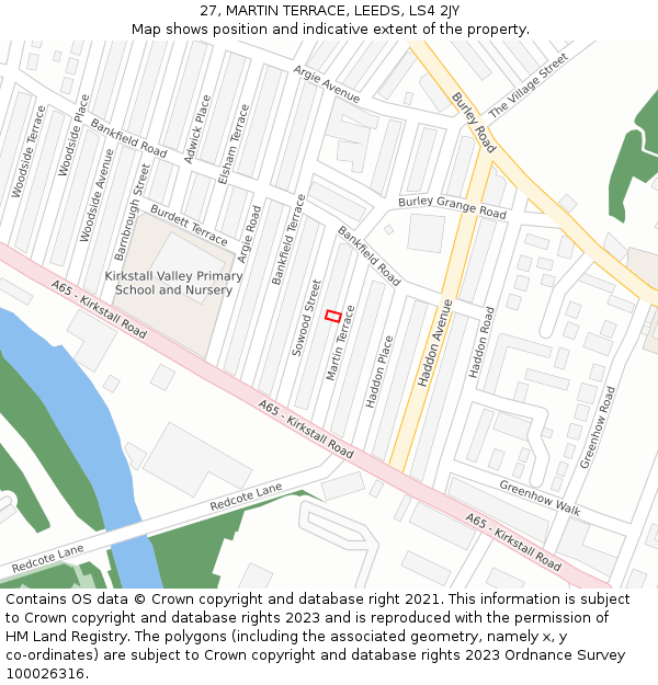 27, MARTIN TERRACE, LEEDS, LS4 2JY: Location map and indicative extent of plot