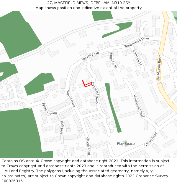 27, MASEFIELD MEWS, DEREHAM, NR19 2SY: Location map and indicative extent of plot