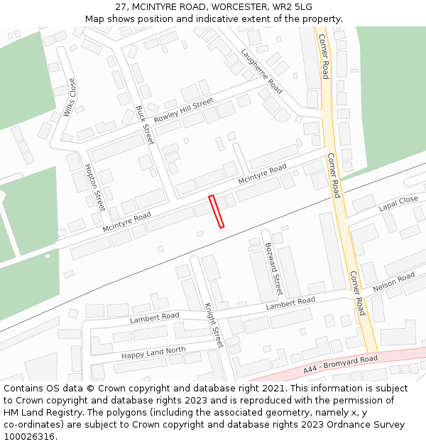 27, MCINTYRE ROAD, WORCESTER, WR2 5LG: Location map and indicative extent of plot