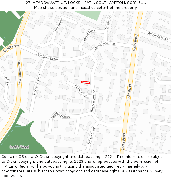 27, MEADOW AVENUE, LOCKS HEATH, SOUTHAMPTON, SO31 6UU: Location map and indicative extent of plot