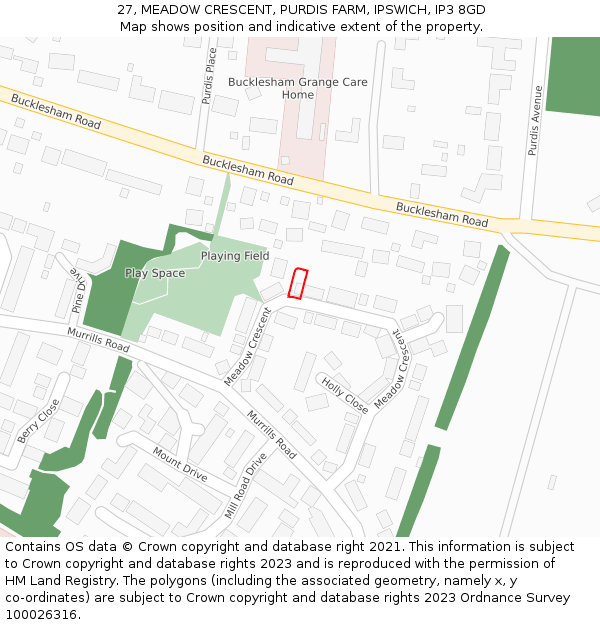 27, MEADOW CRESCENT, PURDIS FARM, IPSWICH, IP3 8GD: Location map and indicative extent of plot