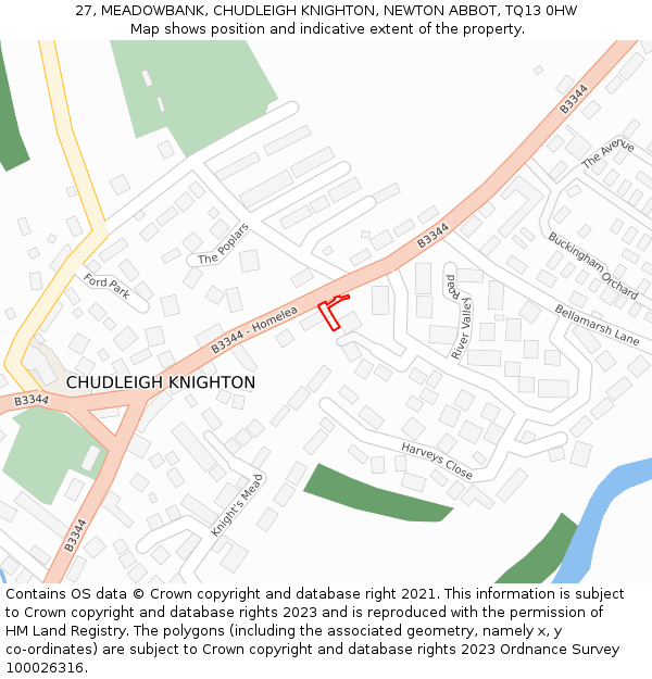 27, MEADOWBANK, CHUDLEIGH KNIGHTON, NEWTON ABBOT, TQ13 0HW: Location map and indicative extent of plot