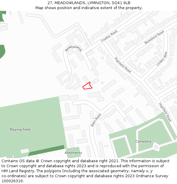 27, MEADOWLANDS, LYMINGTON, SO41 9LB: Location map and indicative extent of plot