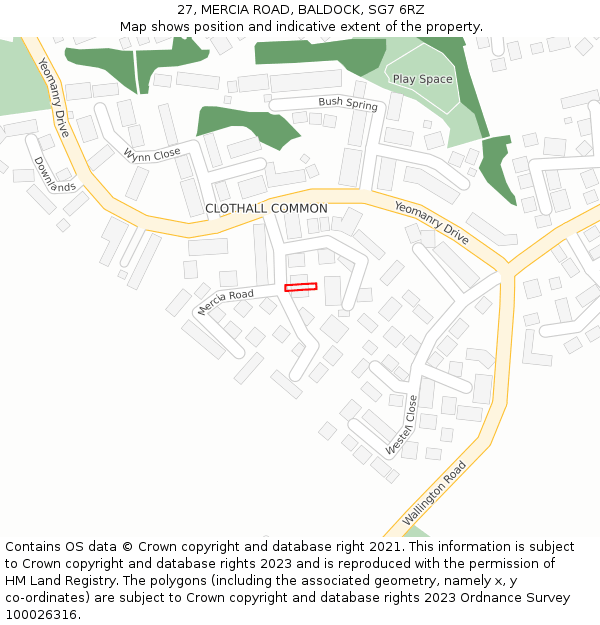 27, MERCIA ROAD, BALDOCK, SG7 6RZ: Location map and indicative extent of plot