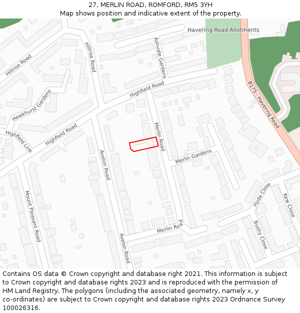 27, MERLIN ROAD, ROMFORD, RM5 3YH: Location map and indicative extent of plot