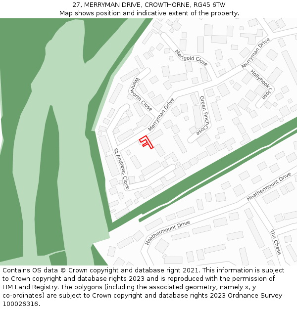 27, MERRYMAN DRIVE, CROWTHORNE, RG45 6TW: Location map and indicative extent of plot
