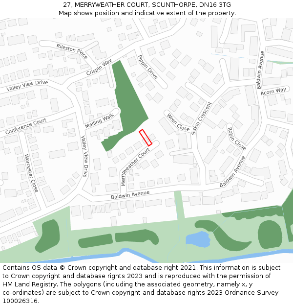 27, MERRYWEATHER COURT, SCUNTHORPE, DN16 3TG: Location map and indicative extent of plot