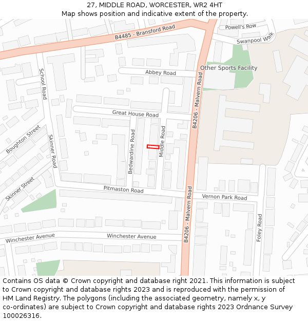 27, MIDDLE ROAD, WORCESTER, WR2 4HT: Location map and indicative extent of plot