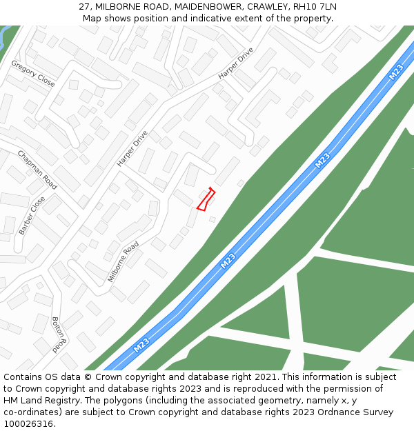27, MILBORNE ROAD, MAIDENBOWER, CRAWLEY, RH10 7LN: Location map and indicative extent of plot