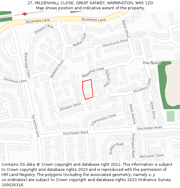27, MILDENHALL CLOSE, GREAT SANKEY, WARRINGTON, WA5 1ZD: Location map and indicative extent of plot