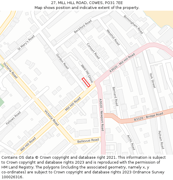 27, MILL HILL ROAD, COWES, PO31 7EE: Location map and indicative extent of plot