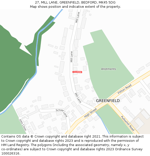 27, MILL LANE, GREENFIELD, BEDFORD, MK45 5DG: Location map and indicative extent of plot