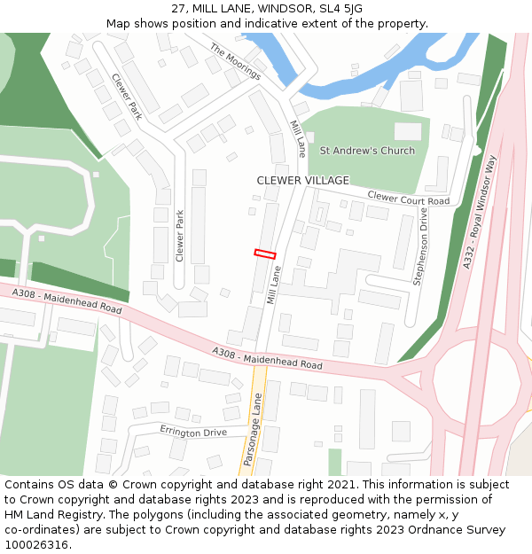 27, MILL LANE, WINDSOR, SL4 5JG: Location map and indicative extent of plot