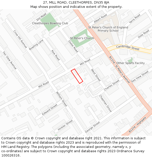 27, MILL ROAD, CLEETHORPES, DN35 8JA: Location map and indicative extent of plot