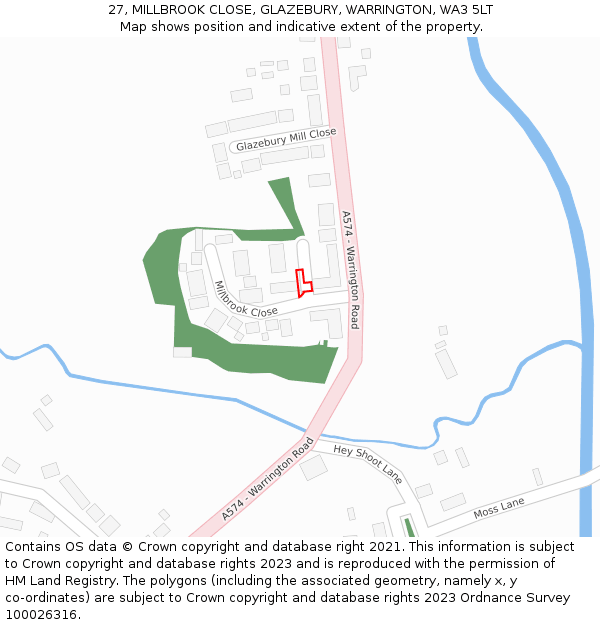 27, MILLBROOK CLOSE, GLAZEBURY, WARRINGTON, WA3 5LT: Location map and indicative extent of plot