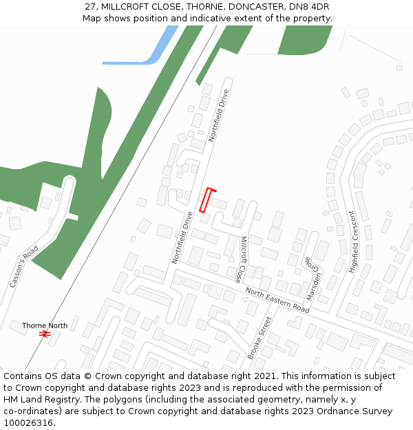 27, MILLCROFT CLOSE, THORNE, DONCASTER, DN8 4DR: Location map and indicative extent of plot