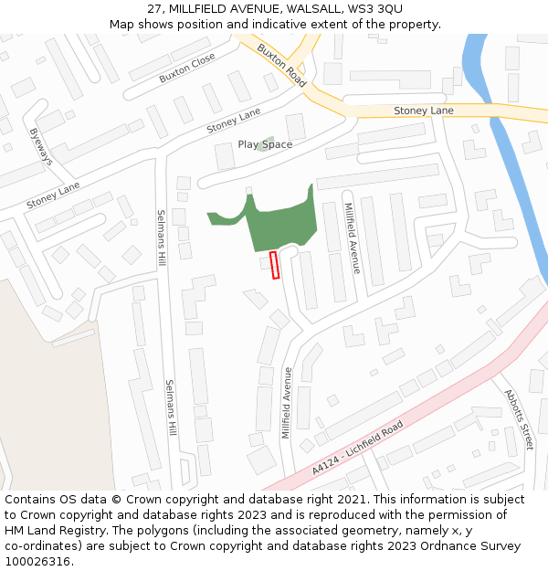 27, MILLFIELD AVENUE, WALSALL, WS3 3QU: Location map and indicative extent of plot