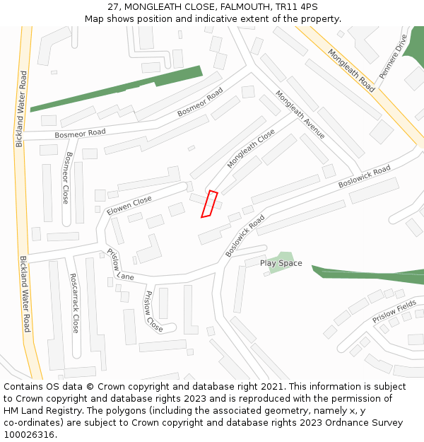 27, MONGLEATH CLOSE, FALMOUTH, TR11 4PS: Location map and indicative extent of plot