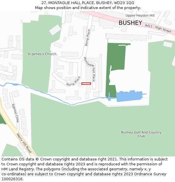 27, MONTAGUE HALL PLACE, BUSHEY, WD23 1QG: Location map and indicative extent of plot