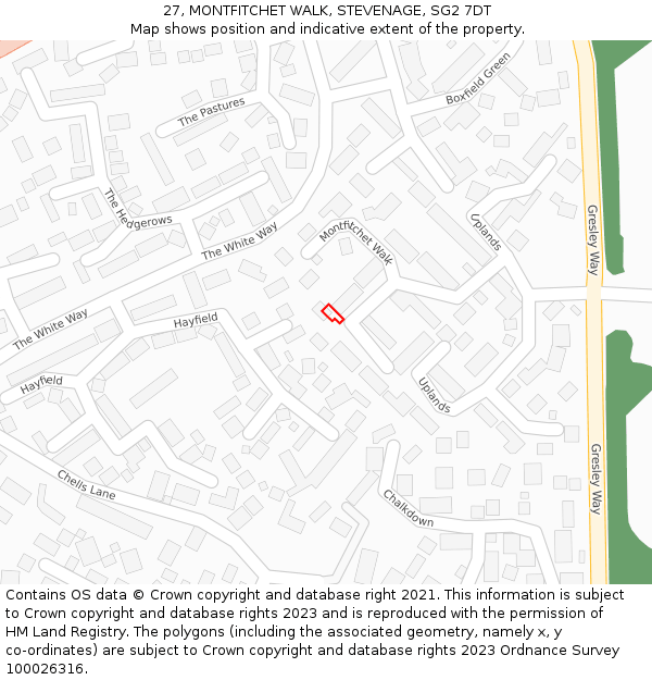 27, MONTFITCHET WALK, STEVENAGE, SG2 7DT: Location map and indicative extent of plot