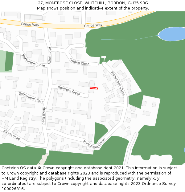 27, MONTROSE CLOSE, WHITEHILL, BORDON, GU35 9RG: Location map and indicative extent of plot