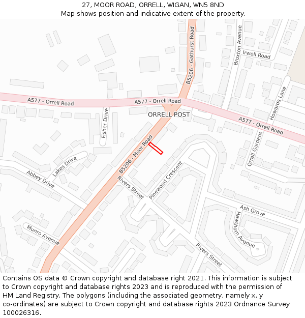 27, MOOR ROAD, ORRELL, WIGAN, WN5 8ND: Location map and indicative extent of plot