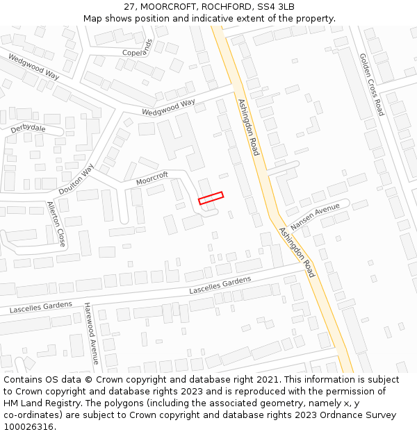 27, MOORCROFT, ROCHFORD, SS4 3LB: Location map and indicative extent of plot