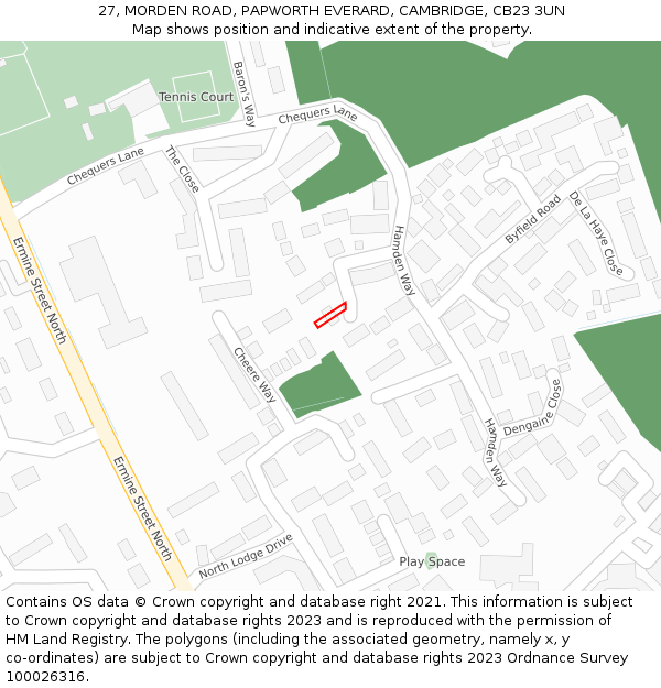 27, MORDEN ROAD, PAPWORTH EVERARD, CAMBRIDGE, CB23 3UN: Location map and indicative extent of plot
