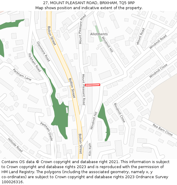 27, MOUNT PLEASANT ROAD, BRIXHAM, TQ5 9RP: Location map and indicative extent of plot