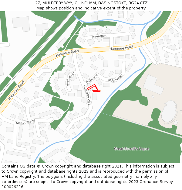 27, MULBERRY WAY, CHINEHAM, BASINGSTOKE, RG24 8TZ: Location map and indicative extent of plot