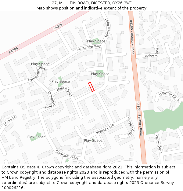 27, MULLEIN ROAD, BICESTER, OX26 3WF: Location map and indicative extent of plot
