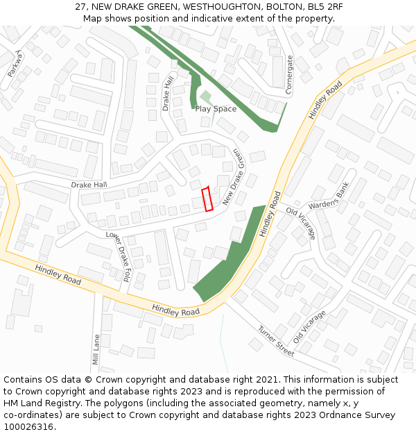 27, NEW DRAKE GREEN, WESTHOUGHTON, BOLTON, BL5 2RF: Location map and indicative extent of plot