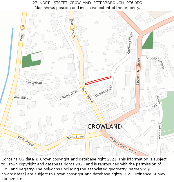 27, NORTH STREET, CROWLAND, PETERBOROUGH, PE6 0EG: Location map and indicative extent of plot