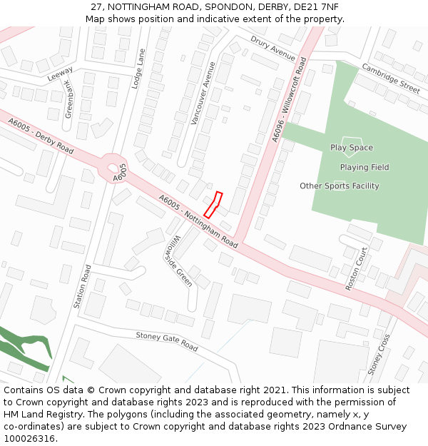 27, NOTTINGHAM ROAD, SPONDON, DERBY, DE21 7NF: Location map and indicative extent of plot