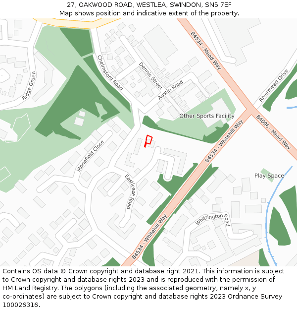 27, OAKWOOD ROAD, WESTLEA, SWINDON, SN5 7EF: Location map and indicative extent of plot