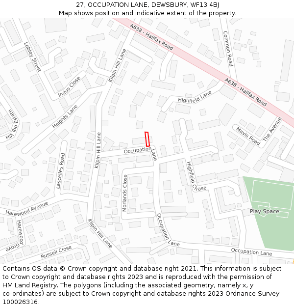 27, OCCUPATION LANE, DEWSBURY, WF13 4BJ: Location map and indicative extent of plot